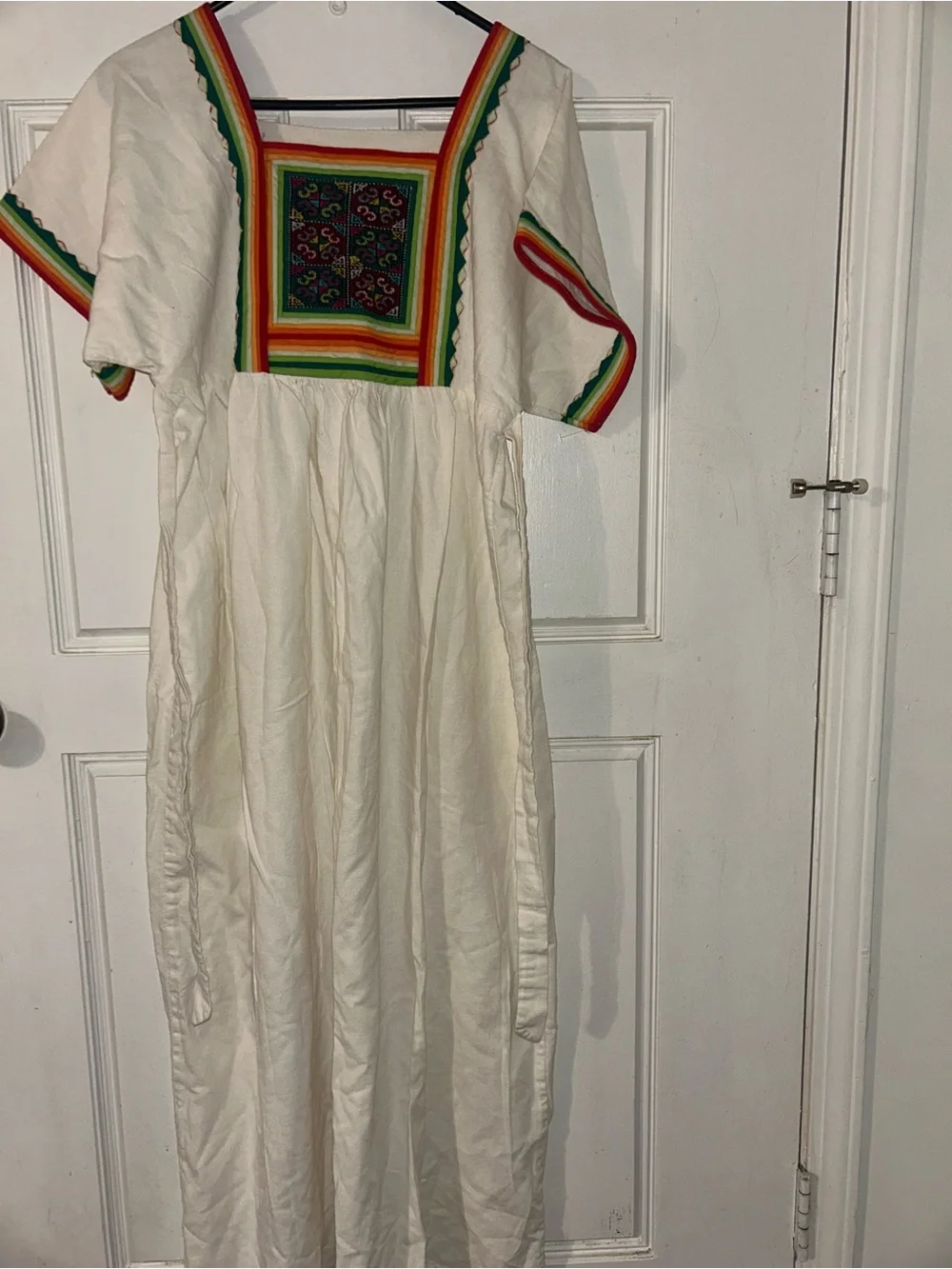 White Embroidered Mexican-Style Girls' Dress with Rainbow Trim